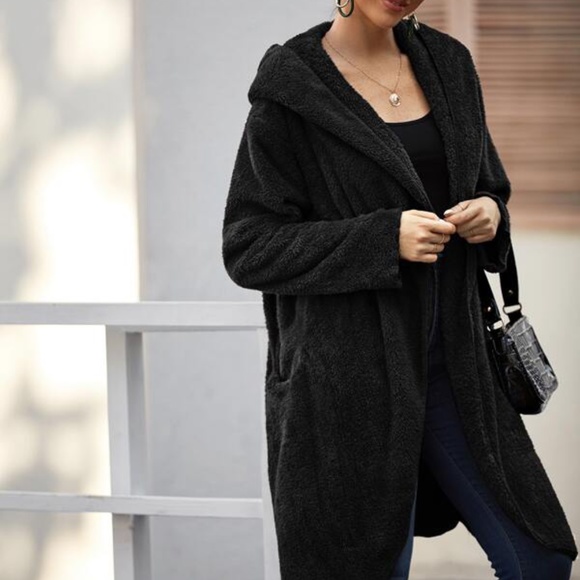 Cozy Black oversized Open Front Hoodie jacket teddy coat - Picture 5 of 13